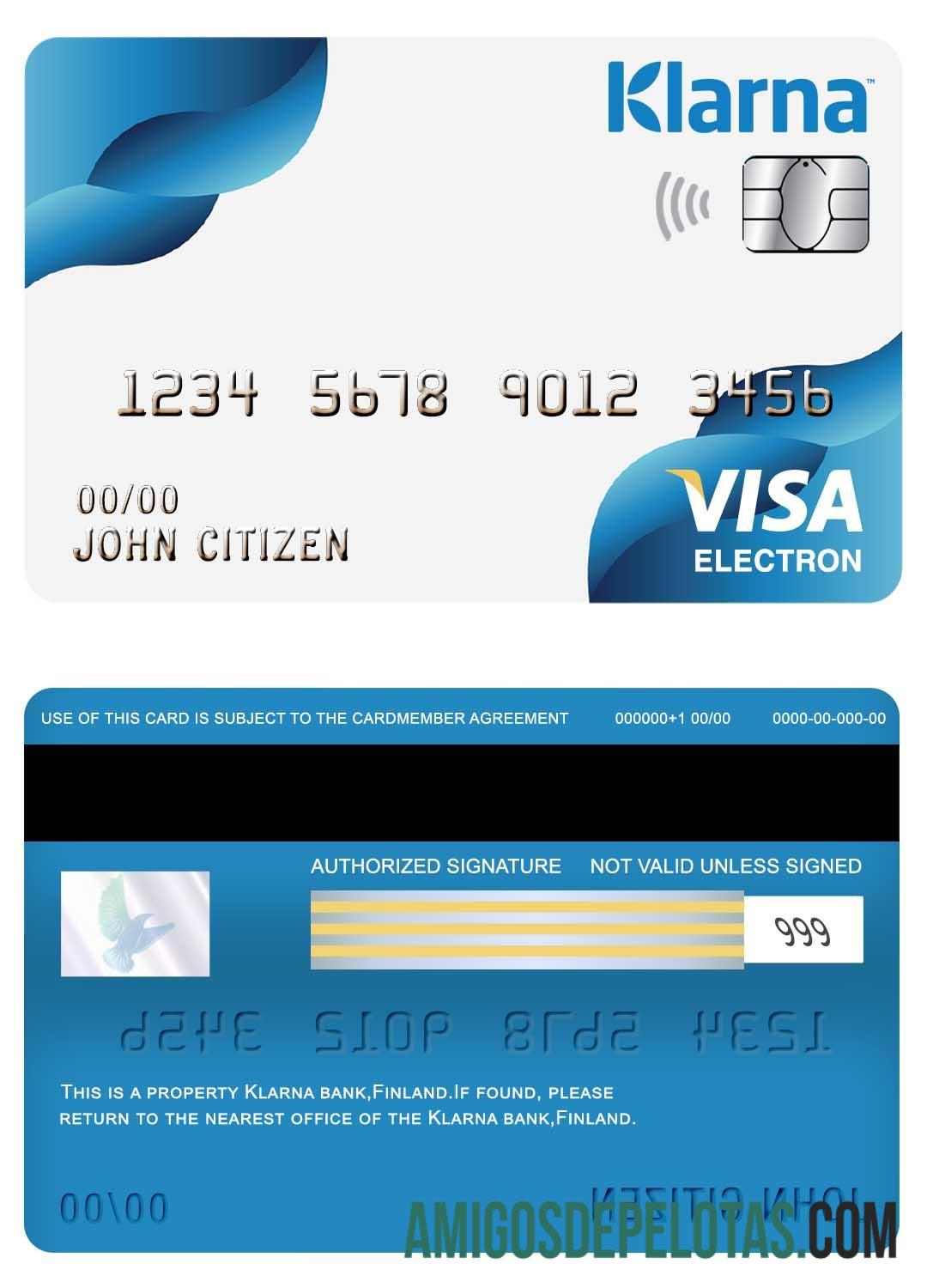Cartão Visa Electron do Banco Klarna da Finlândia modelo